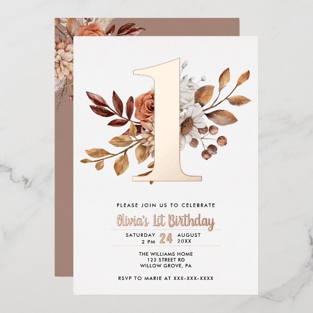 Elegant Floral Fall  1st Birthday Foil Invitation (Front/Back)
