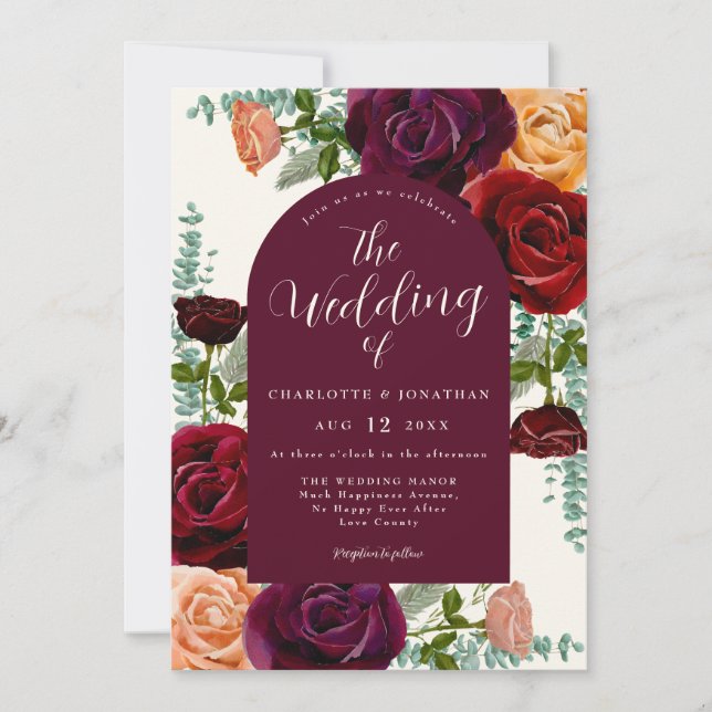 Elegant Floral Fall Burgundy Burnt Orange Wedding Invitation (Front)