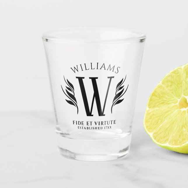 Elegant Floral Family Surname Monogram Motto Shot Glass (Front)