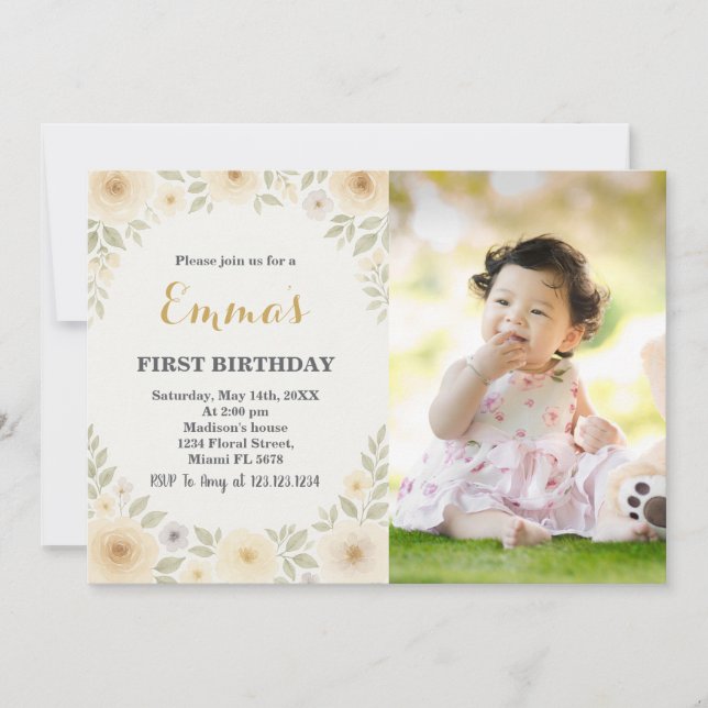 Elegant Floral First Birthday Invitation (Front)