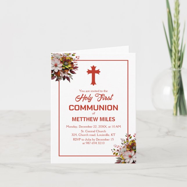 Elegant floral first catholic communion invitation (Front)
