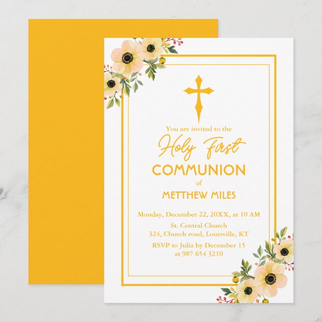 Elegant floral first catholic communion invitation (Front/Back)