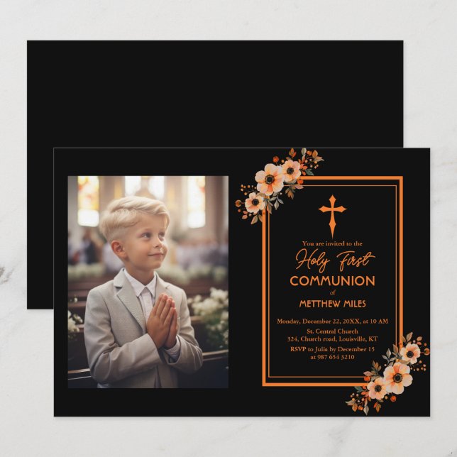 Elegant floral first catholic communion invitation (Front/Back)