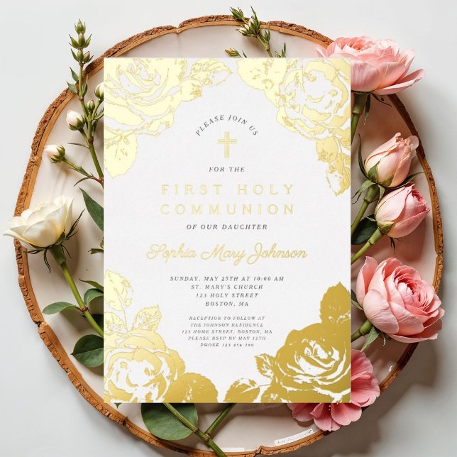 Elegant Floral First Communion Gold (Elegant Floral First Communion Gold Foil Invitation)