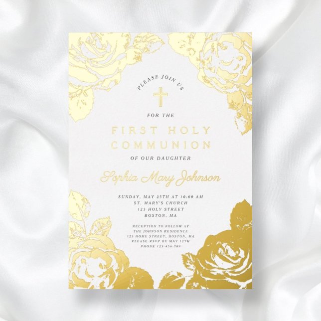 Elegant Floral First Communion Gold (Elegant Floral First Communion Gold Foil Invitation)