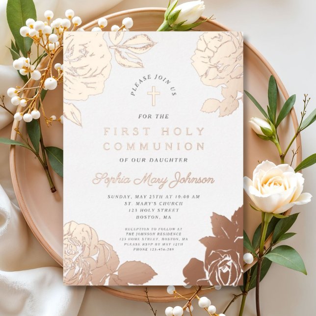 Elegant Floral First Communion Rose Gold (Elegant Floral First Communion Rose Gold Foil Invitation)