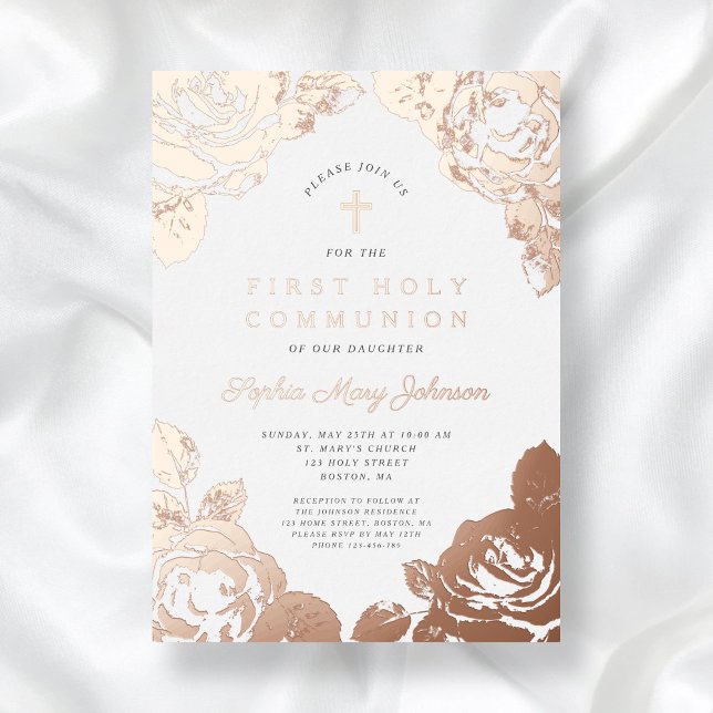 Elegant Floral First Communion Rose Gold (Elegant Floral First Communion Rose Gold Foil Invitation)