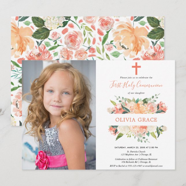 Elegant floral first holy communion girl photo invitation (Front/Back)