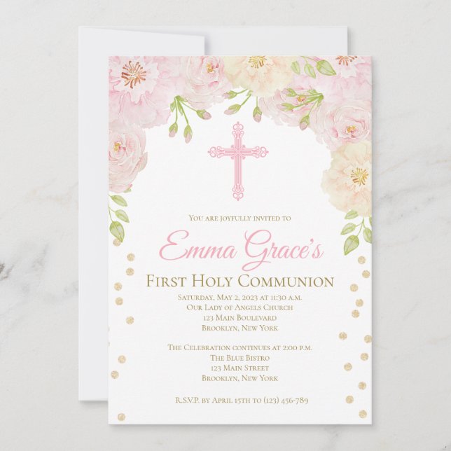 Elegant Floral First Holy Communion Invitation (Front)