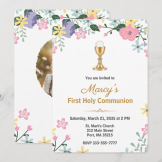 Elegant Floral First Holy Communion Photo  Invitation