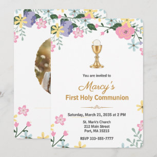 Elegant Floral First Holy Communion Photo  Invitation