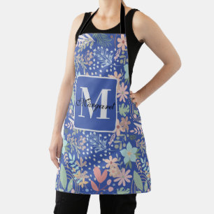 Elegant Floral Flower Leaf Blue Themed Monogram Apron