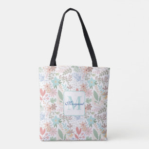 Elegant Floral Flower Leaf Blue Themed Monogram Tote Bag