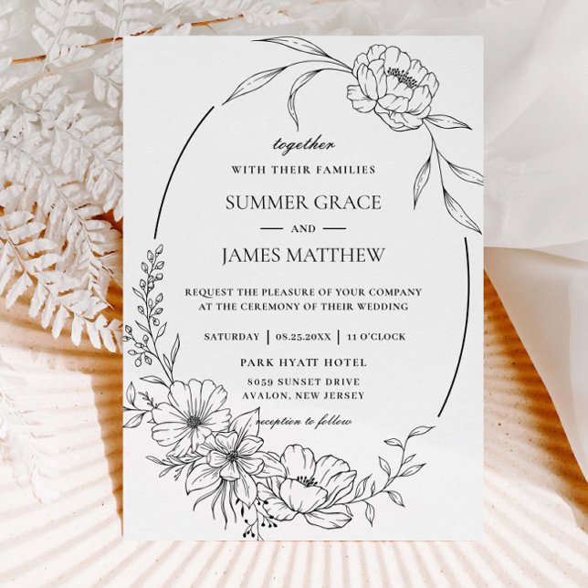 Elegant Floral Flowers Botanical Line Art Wedding Invitation (Creator Uploaded)