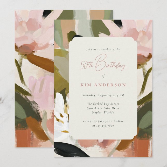 Elegant Floral Flowers Painting 50th Birthday Invitation (Front/Back)