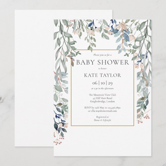 Elegant Floral Foliage Floral Baby Shower Invitation (Front/Back)