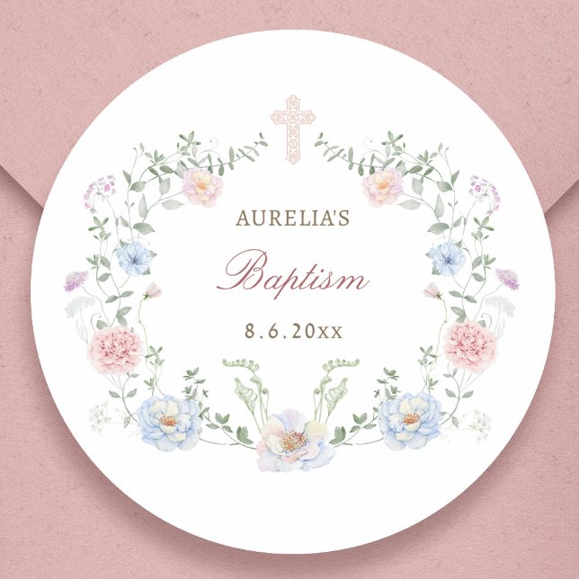 Elegant Floral Frame Baptism Classic Round Sticker (Creator Uploaded)