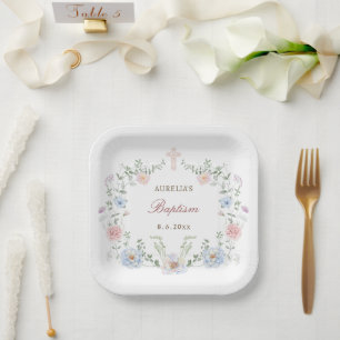Elegant Floral Frame Baptism Paper Plate