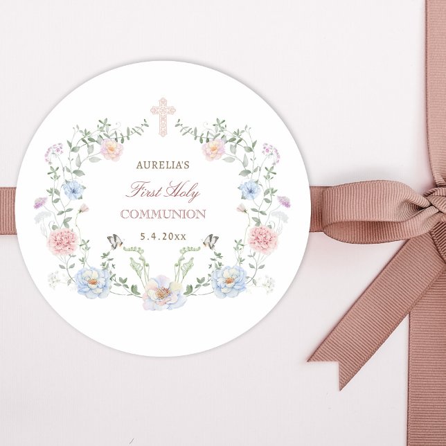 Elegant Floral Frame First Communion Classic Round Sticker (Creator Uploaded)