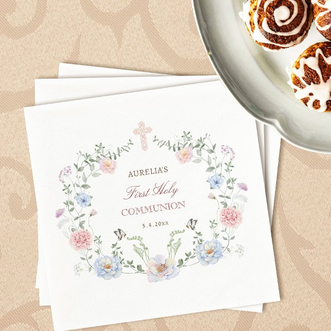 Elegant Floral Frame First Communion Napkin (Creator Uploaded)
