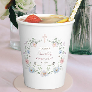 Elegant Floral Frame First Communion Paper Cups