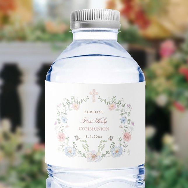 Elegant Floral Frame First Communion Water Bottle Label (Creator Uploaded)