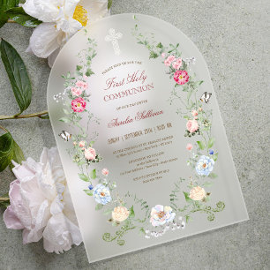 Elegant Floral Frame First Holy Communion Acrylic Invitations