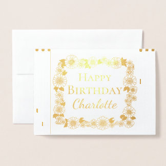 Elegant Floral Frame Happy Birthday Real Gold Foil Card