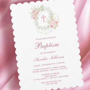 Elegant Floral Frame Holy Cross Baptism Invitation
