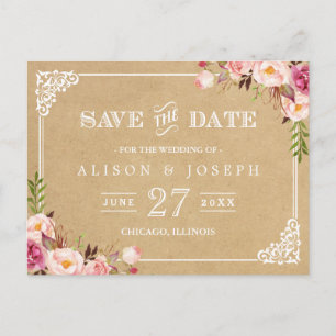 Elegant Floral Frame Kraft Wedding Save the Date Announcement Postcard
