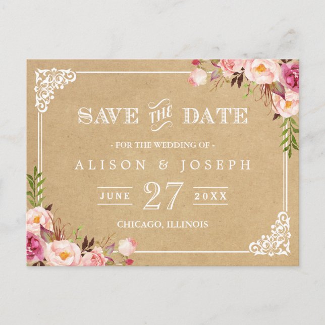 Elegant Floral Frame Kraft Wedding Save the Date Announcement Postcard (Front)