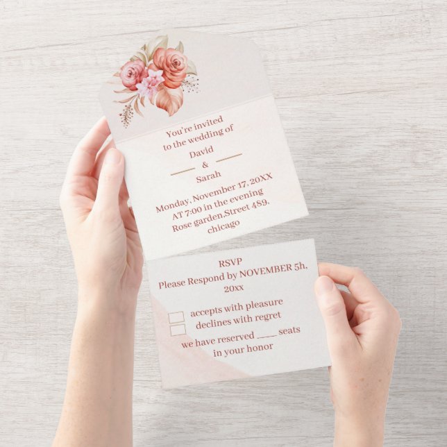 Elegant  Floral Frame Personalised Wedding All In One Invitation (Tearaway)