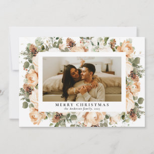 Elegant Floral Frame Photo Merry Christmas Holiday Card
