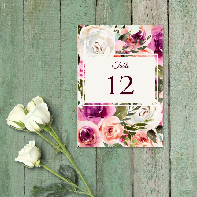 Elegant Floral Frame Pink Blush Purple Peach White Table Number (Creator Uploaded)