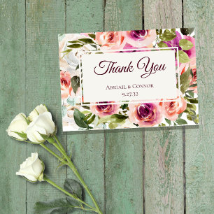 Elegant Floral Frame Pink Blush Purple Peach White Thank You Card