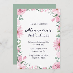 Elegant Floral Frame Pink Green 81st birthday Invitation