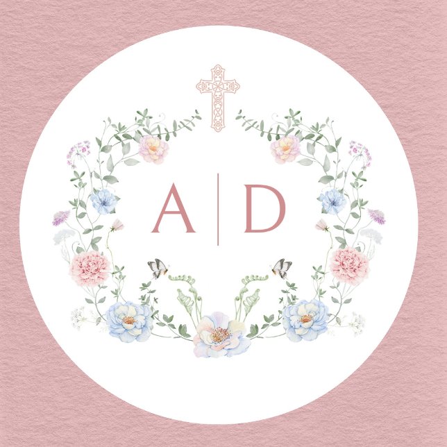 Elegant Floral Frame Religious Wedding Monograms Classic Round Sticker (Creator Uploaded)