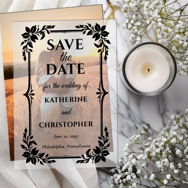 Elegant Floral Frame Wedding Save the Date Vellum Invitations (Elegant Floral Frame Photo Wedding Black on Vellum Save the Dates (Photo Layer not Included))