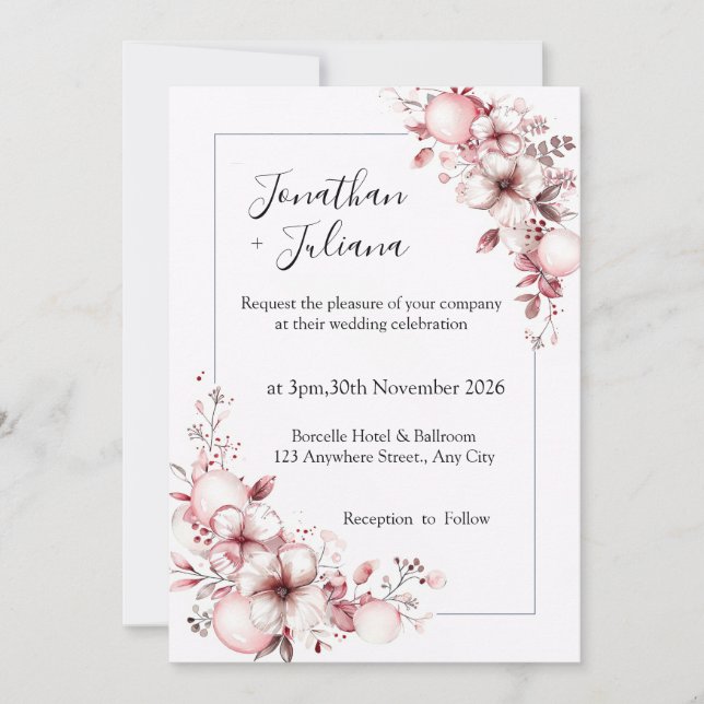 Elegant Floral Frame with Soft Pink Blossoms Invitation (Front)