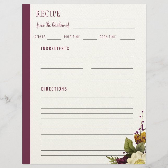 Elegant floral from the kitchen of blank recipe custom letterhead (Front)