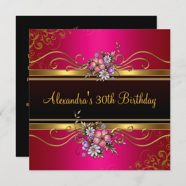 Elegant Floral Fuchsia Pink Gold Jewel Birthday Invitation (Front/Back)