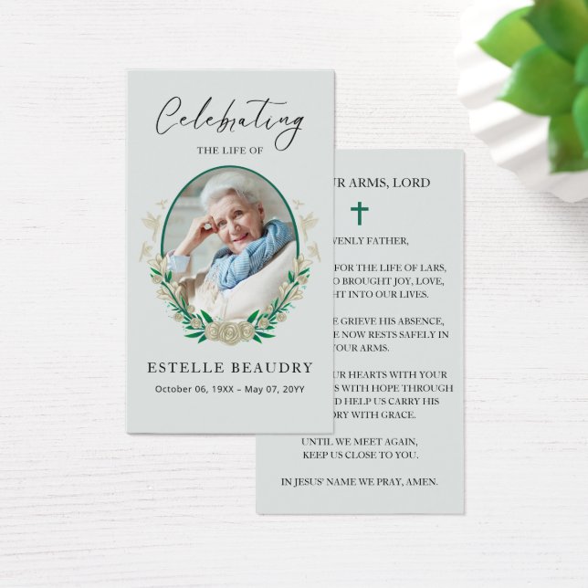 Elegant Floral Funeral Photo Sympathy Prayer Cards (Desk)