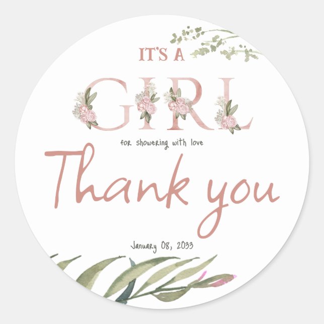 Elegant Floral Garden Blush Pink Girl Baby Shower Classic Round Sticker (Front)