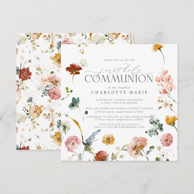Elegant Floral Garden First Holy Communion Girl  Invitation (Front/Back)