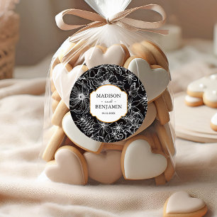 Elegant Floral Garden Gold Black and White Wedding Classic Round Sticker