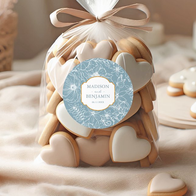 Elegant Floral Garden Gold Dusty Blue Wedding Classic Round Sticker (Creator Uploaded)