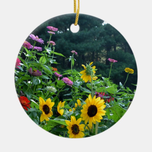 Elegant floral garden sunflowers zinnias daisies  ceramic tree decoration (Front)