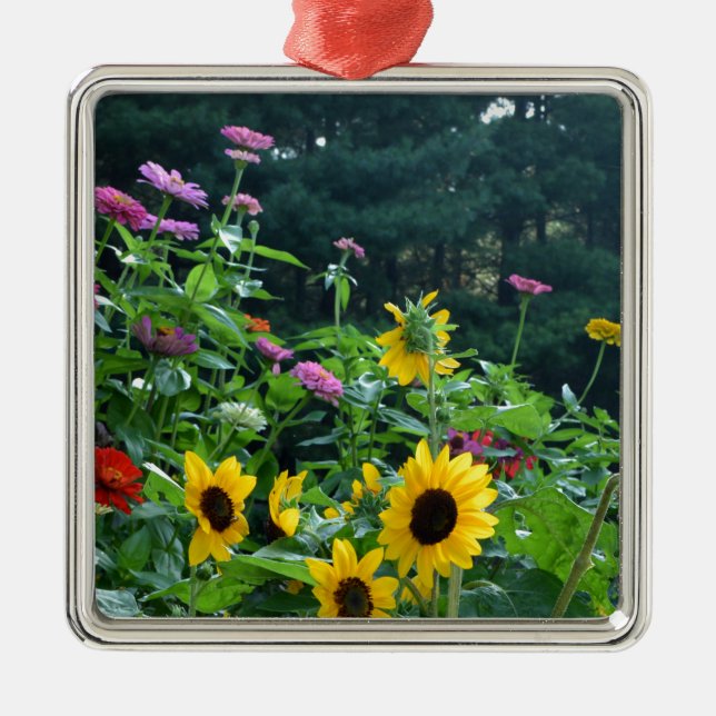 Elegant floral garden sunflowers zinnias daisies  metal tree decoration (Front)