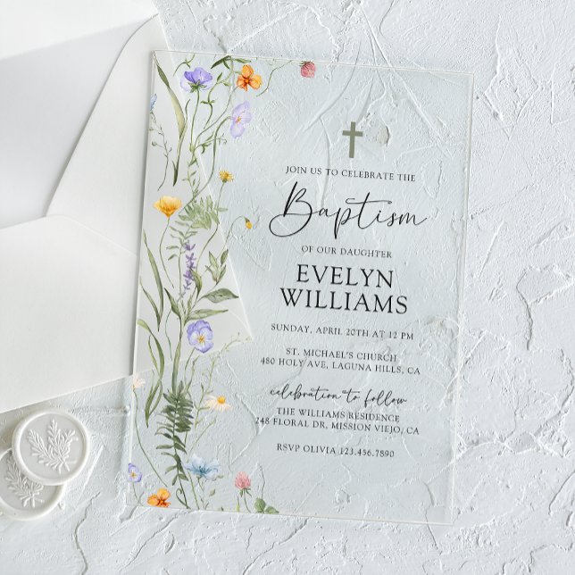 Elegant Floral Girl Baptism and Christening Acrylic Invitations (Creator Uploaded)