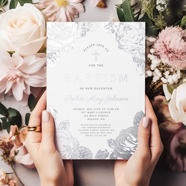Elegant Floral Girl Baptism Silver Foil (Elegant Floral Girl Baptism Silver Foil Foil Invitation)